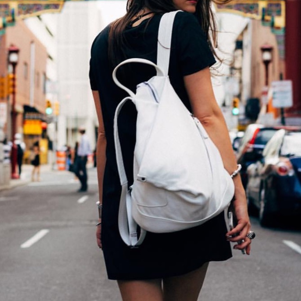 White leather backpack made from cow hide